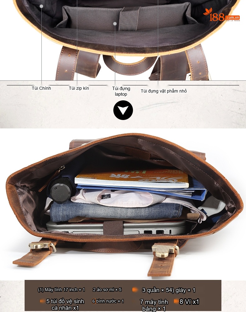 Balo Laptop 17 Inch Da Thật Phong Cách Retro Âu Mỹ Màu Nâu chi tiết 4