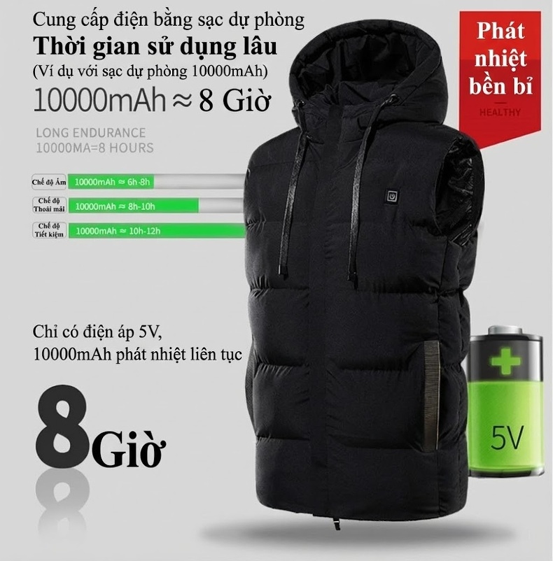 Áo Gile Chống Nước Phát Nhiệt Sưởi Ấm Mùa Đông Có Mũ Trùm Đầu Sạc USB Màu Đen, Xám, Xanh Navy, Đỏ... chi tiết 13