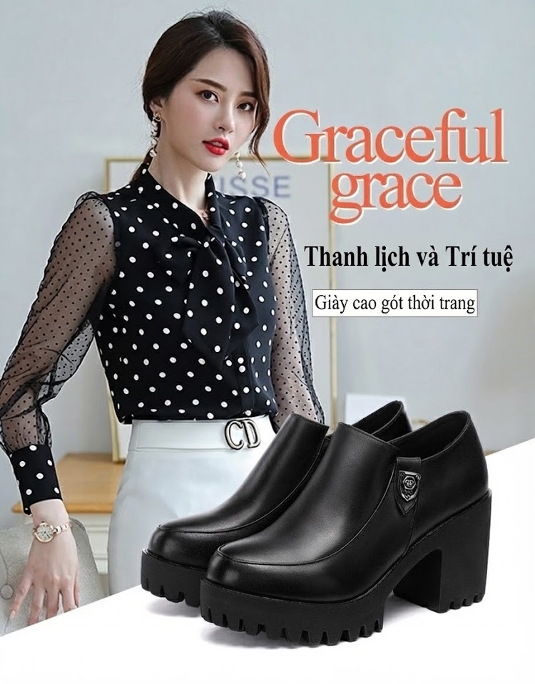 Giày Búp Bê Nữ Da Bóng Đế Xuồng Cao Gót Chiều Cao Đế Khoảng 6cm Màu Đen chi tiết 1