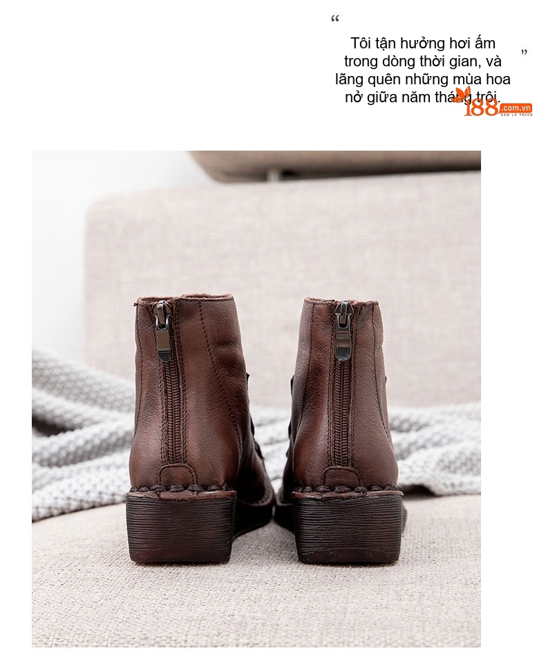 Boot Nữ Cổ Cao Da Bò Đế Xuồng Thủ Công Chiều Cao Đế Khoảng 5cm Màu Nâu, Đen chi tiết 5