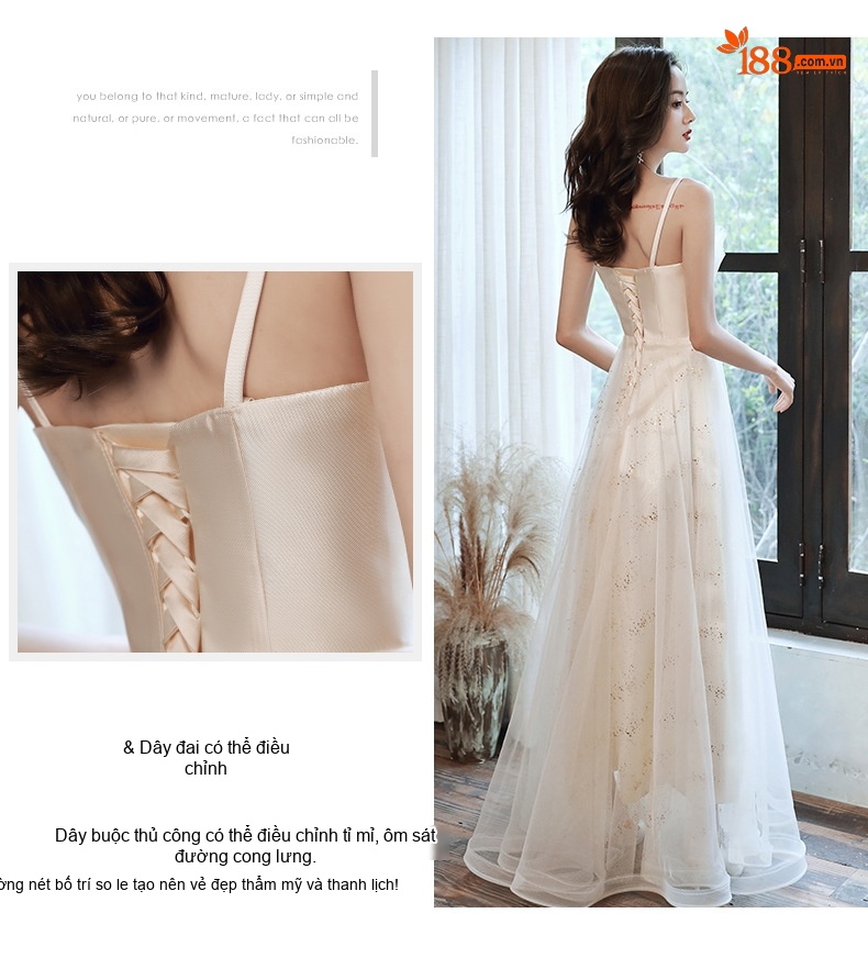 Váy Dạ Hội Nữ Dáng Dài Hai Dây Cổ Yếm Dự Tiệc Sang Trọng Màu Trắng Kem chi tiết 5