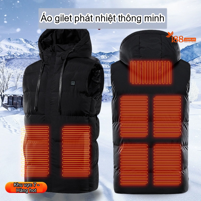 Áo Gile Chống Nước Phát Nhiệt Sưởi Ấm Mùa Đông Có Mũ Trùm Đầu Sạc USB Màu Đen, Xám, Xanh Navy, Đỏ...