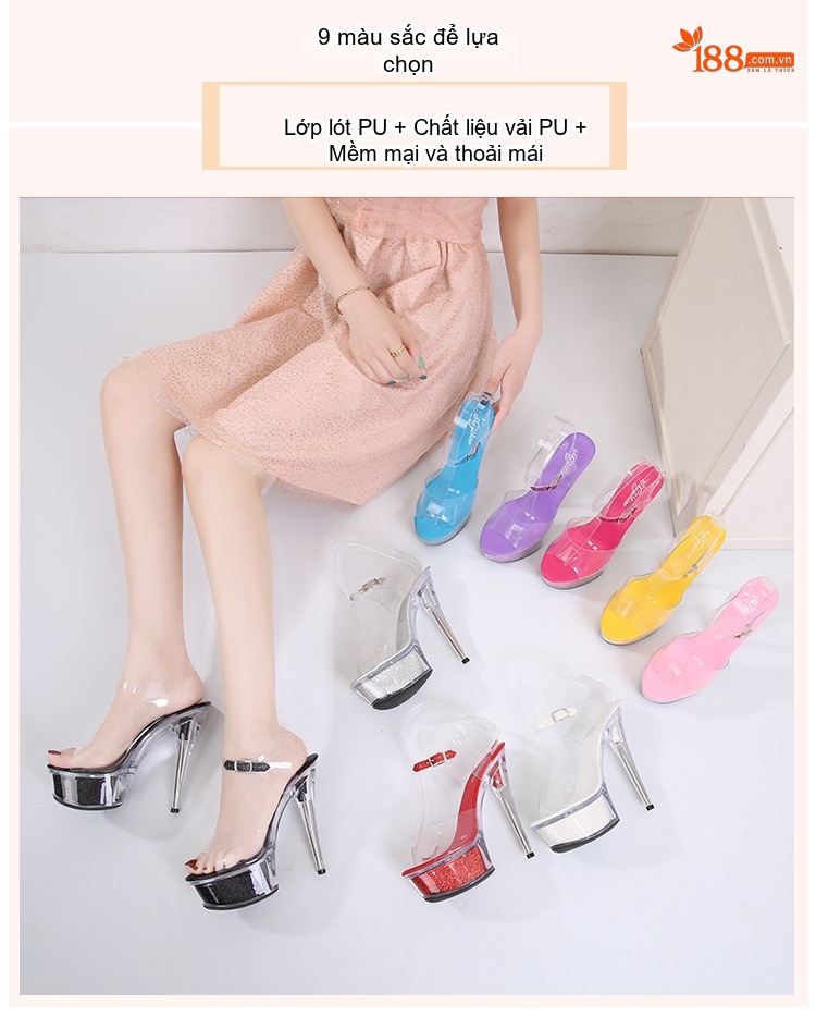 Giày Sandal Cao Gót Nữ Quai Trong Suốt Đế Xuồng 15cm Gót Cao 15cm Màu Đen, Đỏ, Hồng, Tím... chi tiết 1