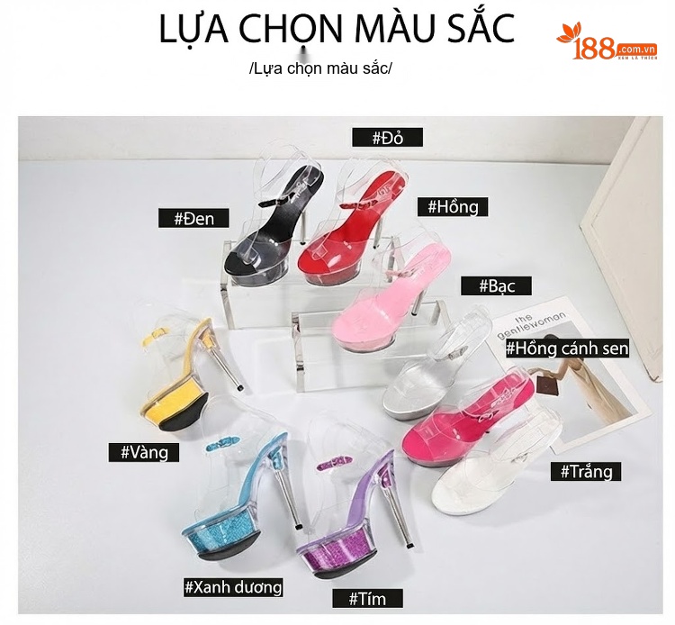 Giày Sandal Cao Gót Nữ Quai Trong Suốt Đế Xuồng 15cm Gót Cao 15cm Màu Đen, Đỏ, Hồng, Tím... chi tiết 2