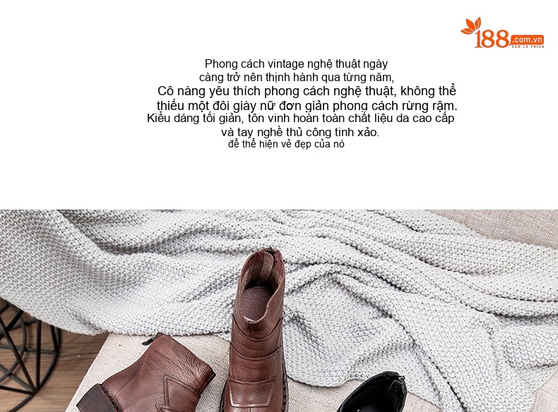 Boot Nữ Cổ Cao Da Bò Đế Xuồng Thủ Công Chiều Cao Đế Khoảng 5cm Màu Nâu, Đen chi tiết 3