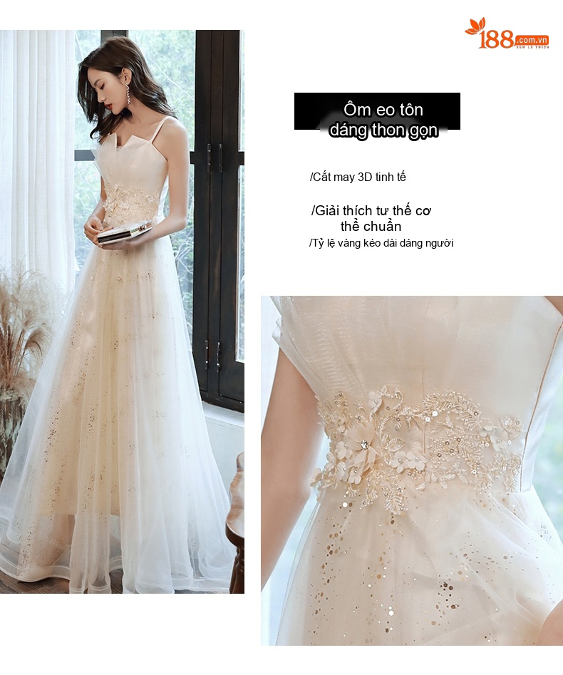 Váy Dạ Hội Nữ Dáng Dài Hai Dây Cổ Yếm Dự Tiệc Sang Trọng Màu Trắng Kem chi tiết 4