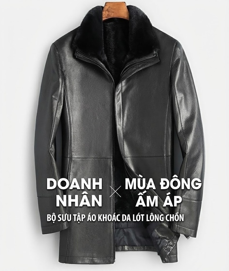 Áo Khoác Da Nam Da Dê Lót Lông Chồn Cao Cấp Màu Đen chi tiết 1