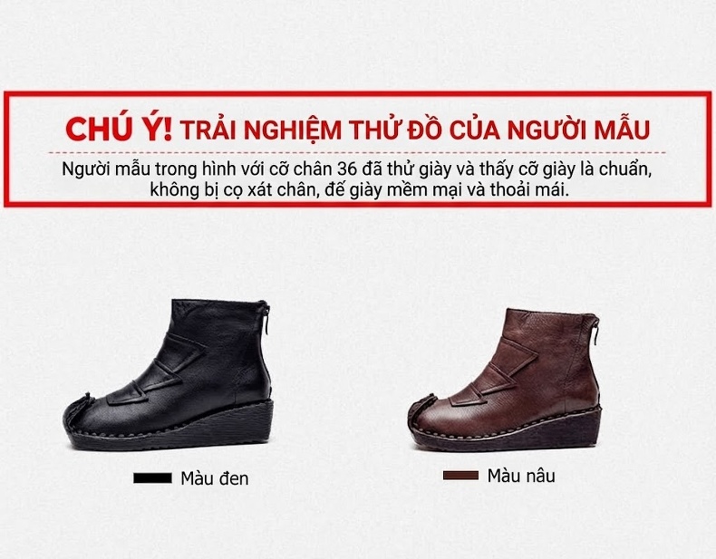 Boot Nữ Cổ Cao Da Bò Đế Xuồng Thủ Công Chiều Cao Đế Khoảng 5cm Màu Nâu, Đen chi tiết 7