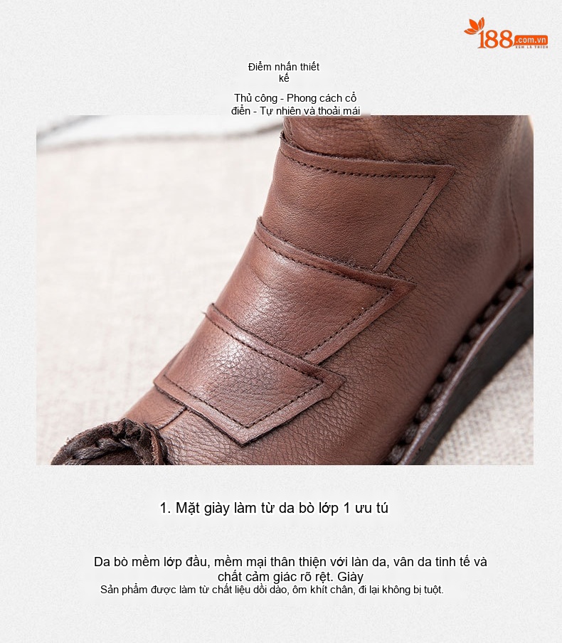 Boot Nữ Cổ Cao Da Bò Đế Xuồng Thủ Công Chiều Cao Đế Khoảng 5cm Màu Nâu, Đen chi tiết 8