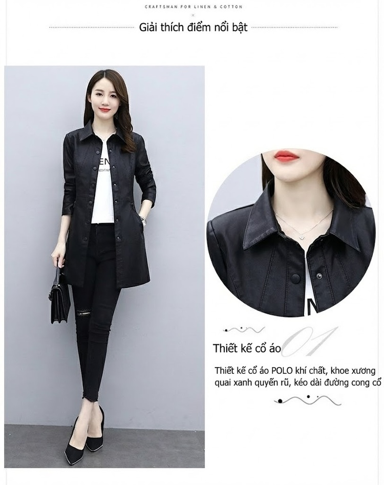 Áo Khoác Da PU Dáng Dài Hàn Quốc Thời Trang Thu Đông Màu Đen chi tiết 3