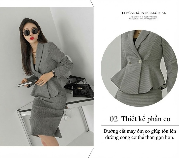 Set Bộ Vest Nữ Vạt Lệch Họa Tiết Chân Chim, Áo Blazer Cổ chữ V, Chân Váy Bút Chì Màu Xám chi tiết 2