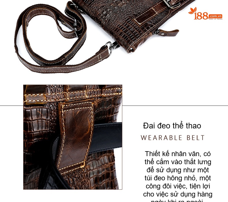 Túi Đeo Chéo Nam Vân Cá Sấu Da Thật Mini Đa Năng Màu Nâu, Đen chi tiết 5