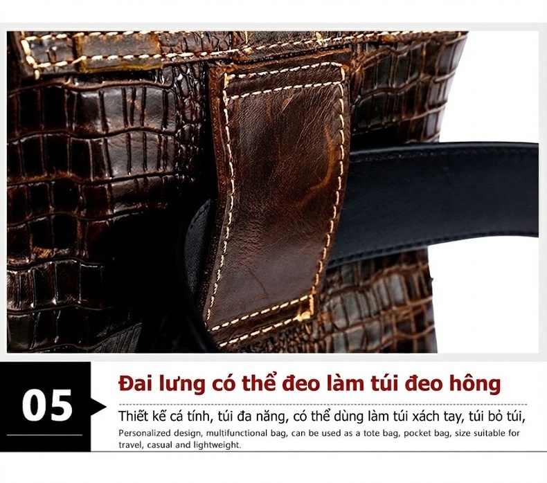 Túi Đeo Chéo Nam Vân Cá Sấu Da Thật Mini Đa Năng Màu Nâu, Đen chi tiết 12