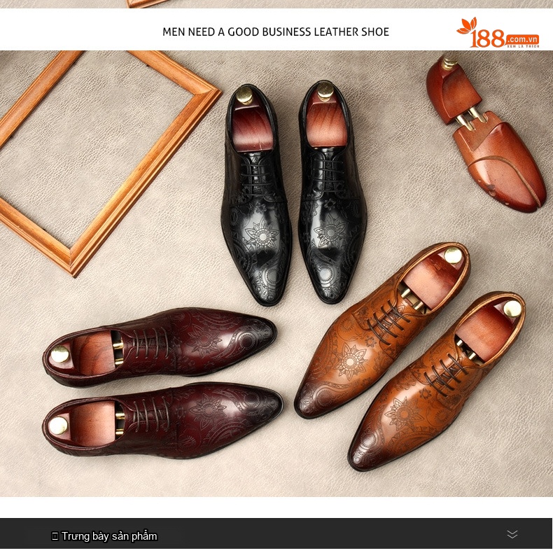 Giày Oxford Nam Da Bò Mũi Nhọn Buộc Dây Phong Cách Anh Chiều Cao Đế Khoảng 3cm Màu Đen, Nâu, Đỏ Rượu chi tiết 7