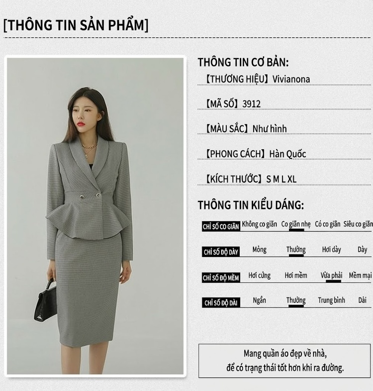 Set Bộ Vest Nữ Vạt Lệch Họa Tiết Chân Chim, Áo Blazer Cổ chữ V, Chân Váy Bút Chì Màu Xám chi tiết 4