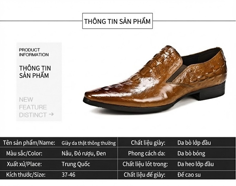 Giày Lười Nam Da Thật Vân Cá Sấu Chiều Cao Đế Khoảng 3cm Màu Đen, Nâu chi tiết 9