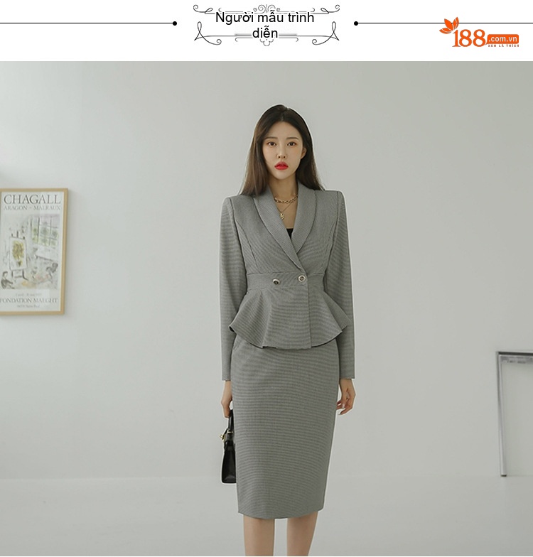 Set Bộ Vest Nữ Vạt Lệch Họa Tiết Chân Chim, Áo Blazer Cổ chữ V, Chân Váy Bút Chì Màu Xám chi tiết 6