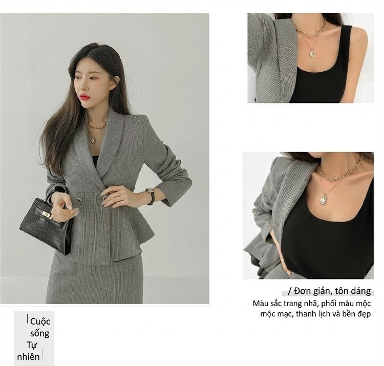 Set Bộ Vest Nữ Vạt Lệch Họa Tiết Chân Chim, Áo Blazer Cổ chữ V, Chân Váy Bút Chì Màu Xám chi tiết 8