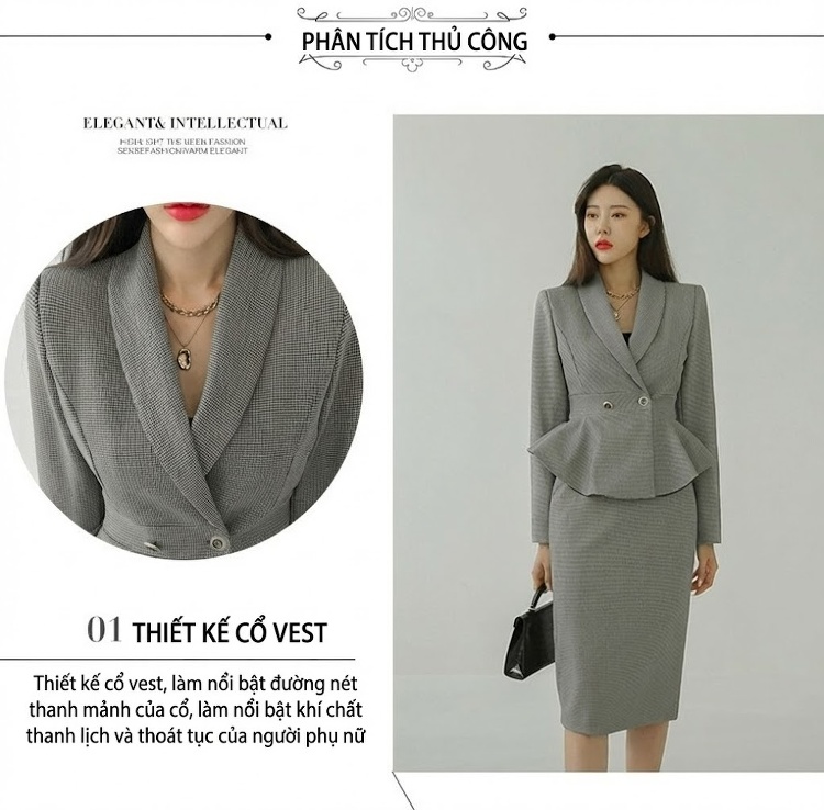 Set Bộ Vest Nữ Vạt Lệch Họa Tiết Chân Chim, Áo Blazer Cổ chữ V, Chân Váy Bút Chì Màu Xám chi tiết 1