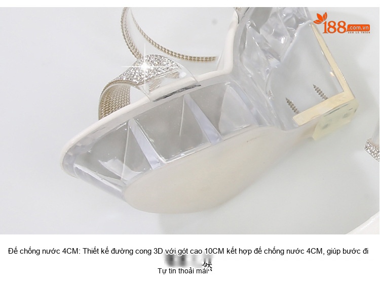 Giày Sandal Cao Gót Nữ Quai Ngang Đính Đá Gót Cao 10cm Màu Trắng, Bạc chi tiết 6