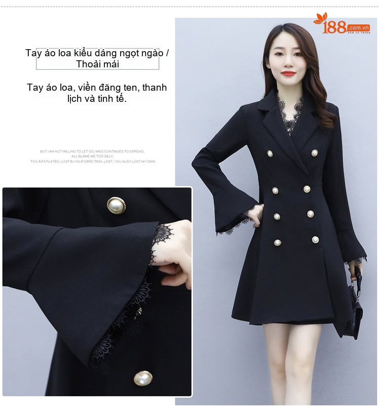 Váy Đầm Tay Loe Nữ Dáng Ôm Hàn Quốc Cổ Ren Màu Đen chi tiết 4