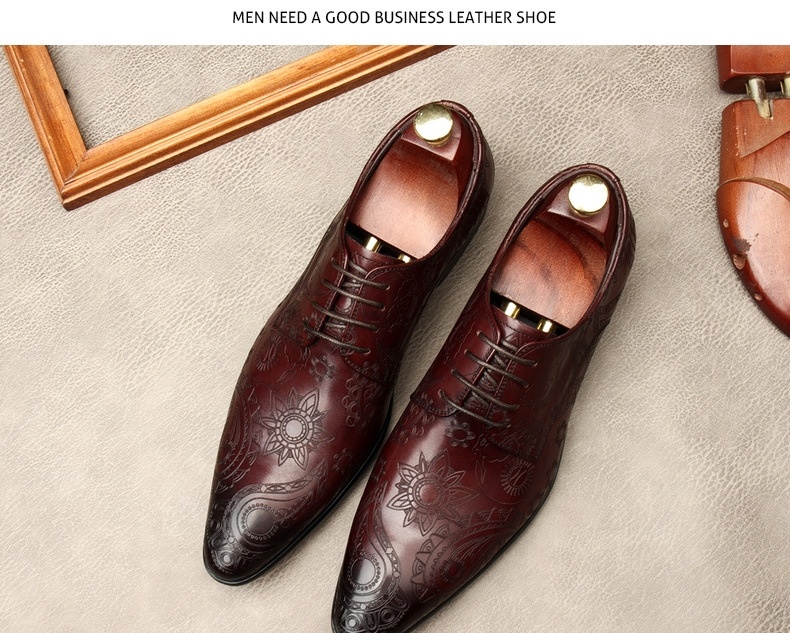 Giày Oxford Nam Da Bò Mũi Nhọn Buộc Dây Phong Cách Anh Chiều Cao Đế Khoảng 3cm Màu Đen, Nâu, Đỏ Rượu chi tiết 4