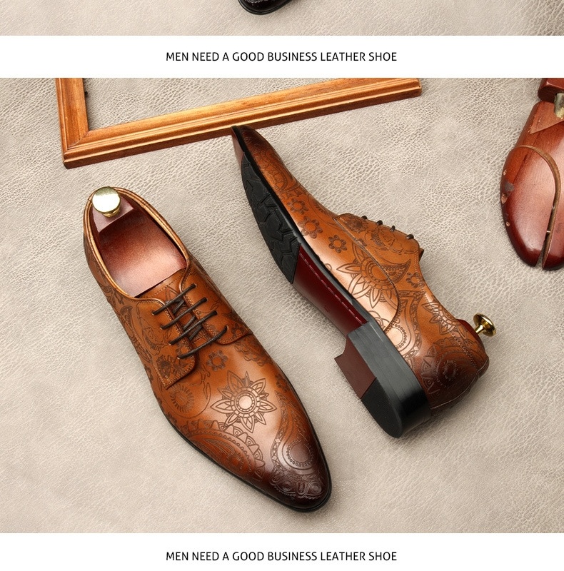 Giày Oxford Nam Da Bò Mũi Nhọn Buộc Dây Phong Cách Anh Chiều Cao Đế Khoảng 3cm Màu Đen, Nâu, Đỏ Rượu chi tiết 5