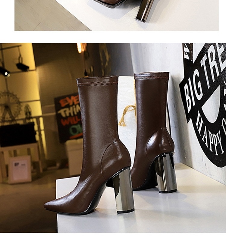 Boot Nữ Da Bóng Gót Vuông Kim Loại Mũi Nhọn Chiều Cao Đế Khoảng 8cm Màu Đen, Nâu chi tiết 12
