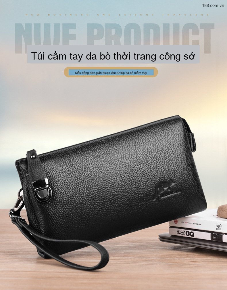 Ví Cầm Tay Nam Da Thật Khóa Bấm Phong Cách Retro Màu Đen chi tiết 1