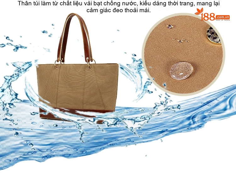 Túi Tote Nữ Vải Canvas Da Thật Đeo Vai, Đeo Chéo Chống Nước Màu Nâu, Đen, Be chi tiết 2