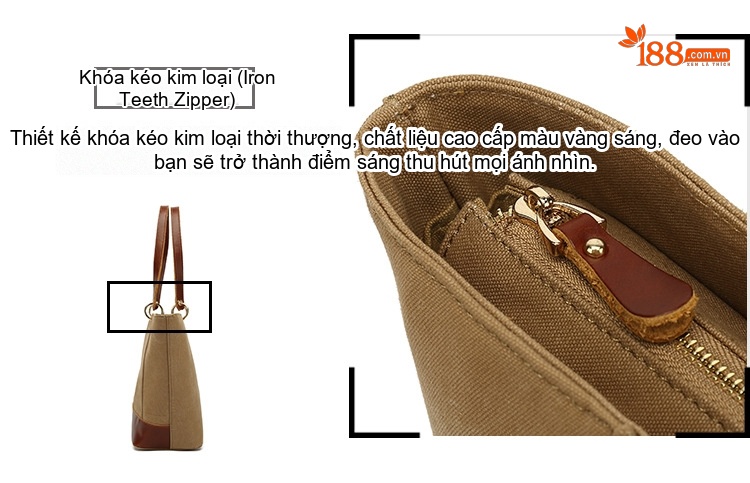 Túi Tote Nữ Vải Canvas Da Thật Đeo Vai, Đeo Chéo Chống Nước Màu Nâu, Đen, Be chi tiết 13