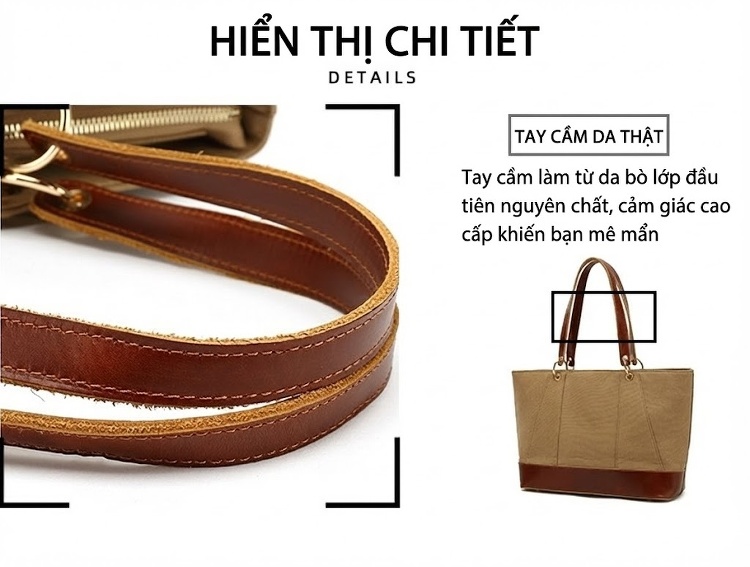 Túi Tote Nữ Vải Canvas Da Thật Đeo Vai, Đeo Chéo Chống Nước Màu Nâu, Đen, Be chi tiết 10