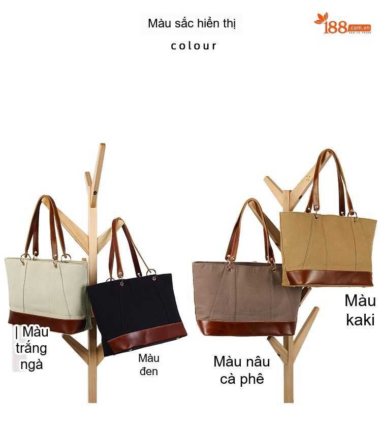 Túi Tote Nữ Vải Canvas Da Thật Đeo Vai, Đeo Chéo Chống Nước Màu Nâu, Đen, Be chi tiết 5