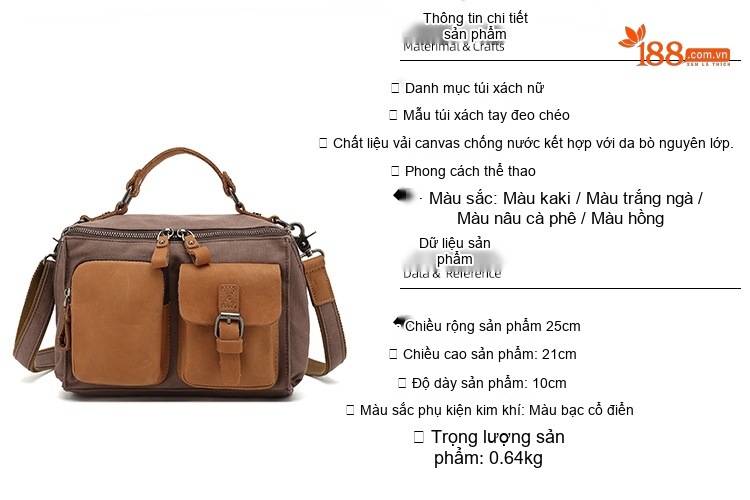 Túi Xách Tay Nữ Vải Canvas Da Thật Đeo Chéo Màu Nâu, Be chi tiết 3