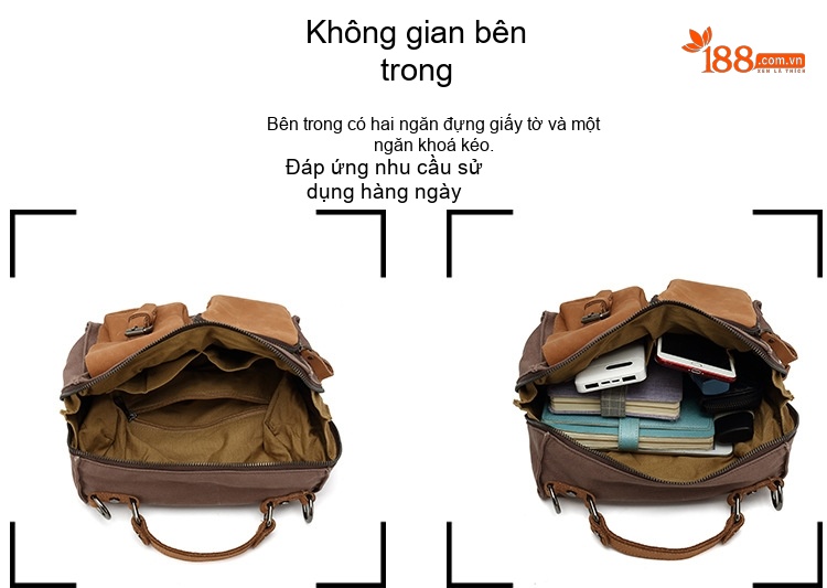 Túi Xách Tay Nữ Vải Canvas Da Thật Đeo Chéo Màu Nâu, Be chi tiết 15