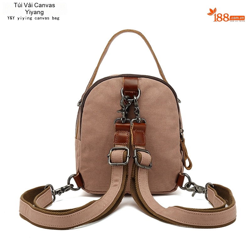 Balo Mini Nữ Vải Canvas Chống Nước Quai Da Thật Màu Nâu, Be