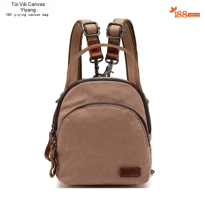 Balo Mini Nữ Vải Canvas Chống Nước Quai Da Thật Màu Nâu, Be