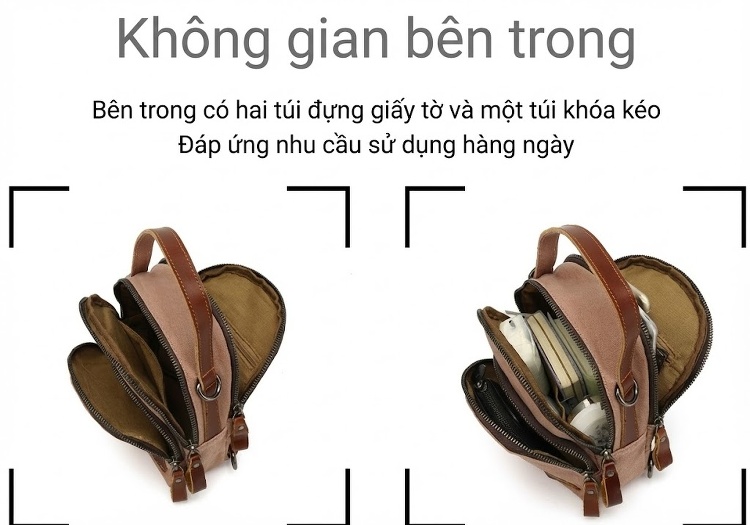 Balo Mini Nữ Vải Canvas Chống Nước Quai Da Thật Màu Nâu, Be chi tiết 13