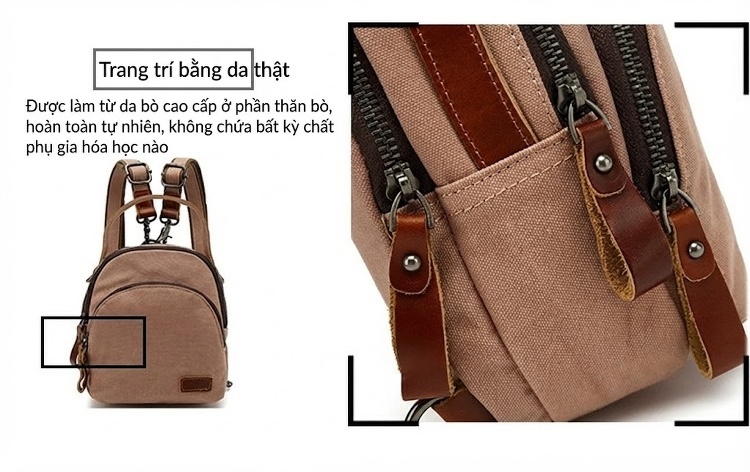 Balo Mini Nữ Vải Canvas Chống Nước Quai Da Thật Màu Nâu, Be chi tiết 10