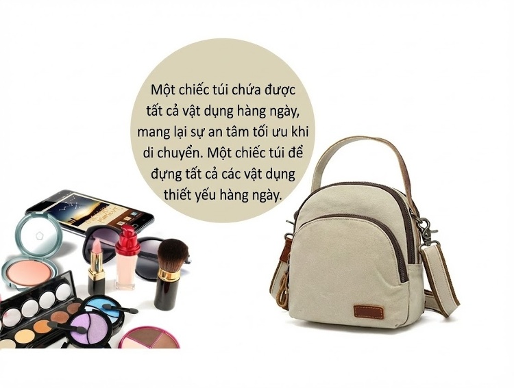 Balo Mini Nữ Vải Canvas Chống Nước Quai Da Thật Màu Nâu, Be chi tiết 14