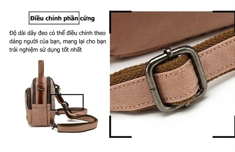 Balo Mini Nữ Vải Canvas Chống Nước Quai Da Thật Màu Nâu, Be chi tiết 12