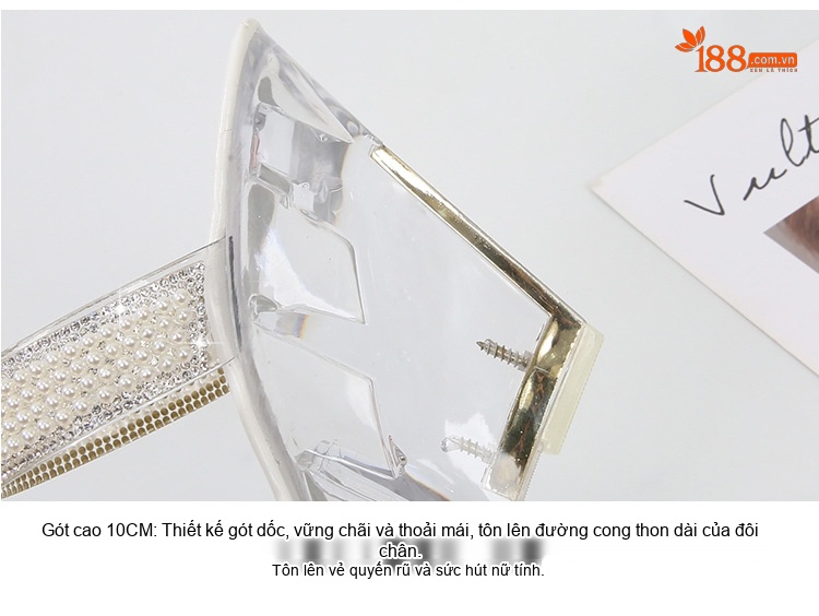 Giày Sandal Cao Gót Nữ Quai Ngang Đính Đá Gót Cao 10cm Màu Trắng, Bạc chi tiết 4