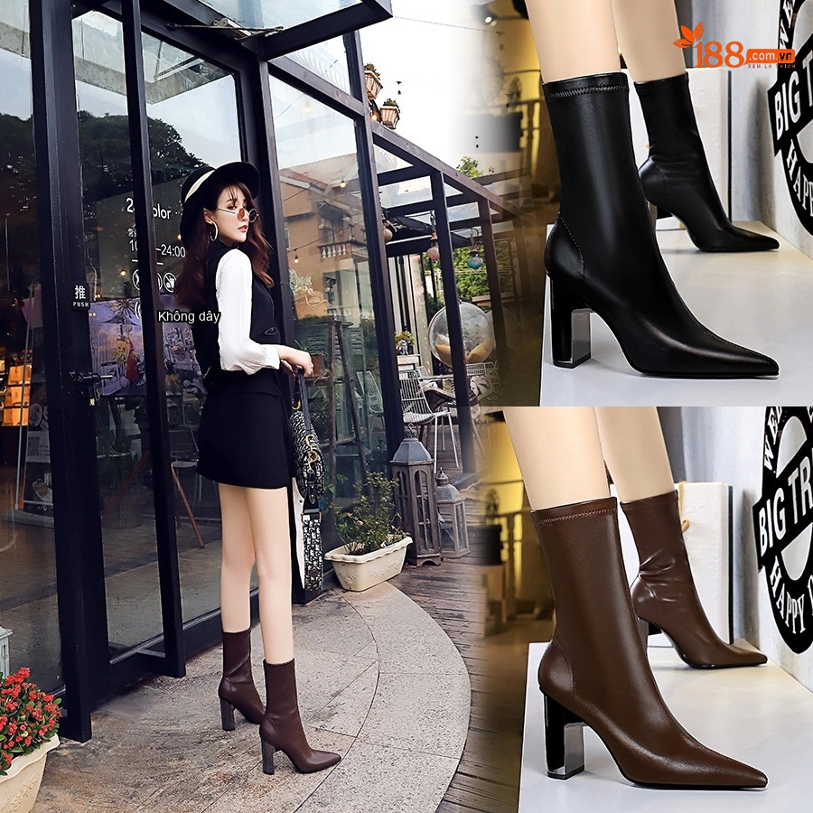Boot Nữ Da Bóng Gót Vuông Kim Loại Mũi Nhọn Chiều Cao Đế Khoảng 8cm Màu Đen, Nâu
