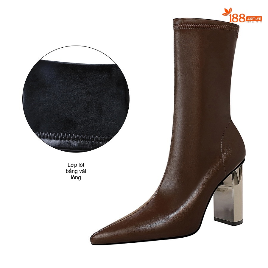 Boot Nữ Da Bóng Gót Vuông Kim Loại Mũi Nhọn Chiều Cao Đế Khoảng 8cm Màu Đen, Nâu
