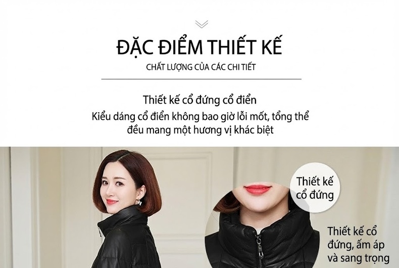 Áo Khoác Da Thật Nữ Dáng Ngắn Cổ Trụ Da Cừu Lót Lông Vũ Màu Đen chi tiết 2