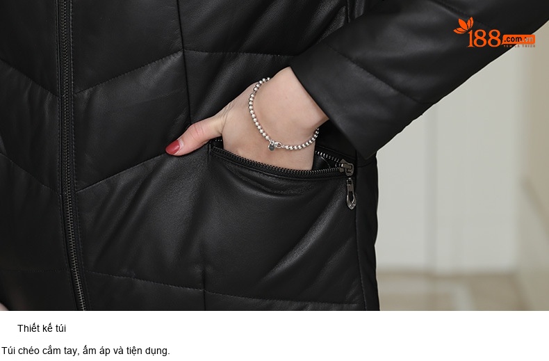 Áo Khoác Da Thật Nữ Dáng Ngắn Cổ Trụ Da Cừu Lót Lông Vũ Màu Đen chi tiết 14