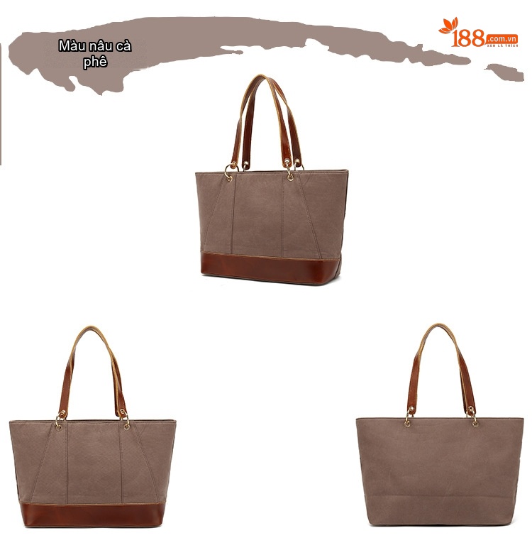 Túi Tote Nữ Vải Canvas Da Thật Đeo Vai, Đeo Chéo Chống Nước Màu Nâu, Đen, Be chi tiết 9