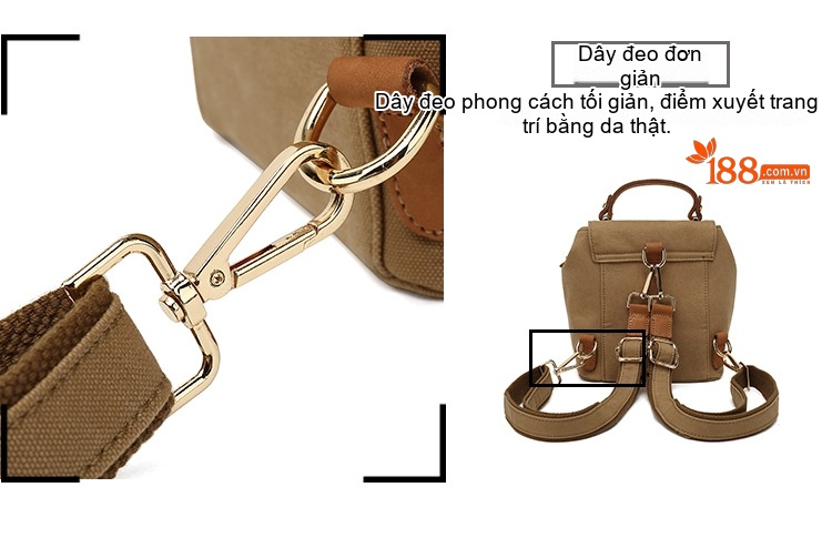 Balo Nữ Vải Canvas Da Thật Túi Đeo Vai Kiểu Dáng Nhỏ Màu Nâu, Hồng, Trắng, Đen... chi tiết 12
