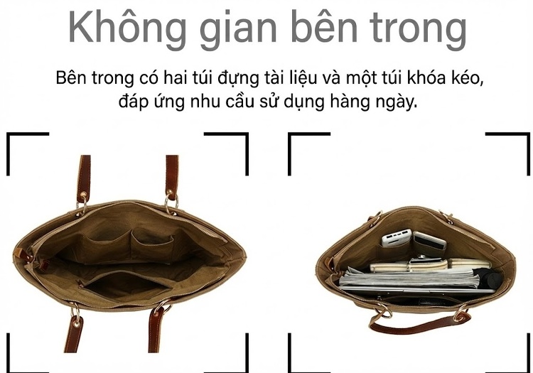Túi Tote Nữ Vải Canvas Da Thật Đeo Vai, Đeo Chéo Chống Nước Màu Nâu, Đen, Be chi tiết 14