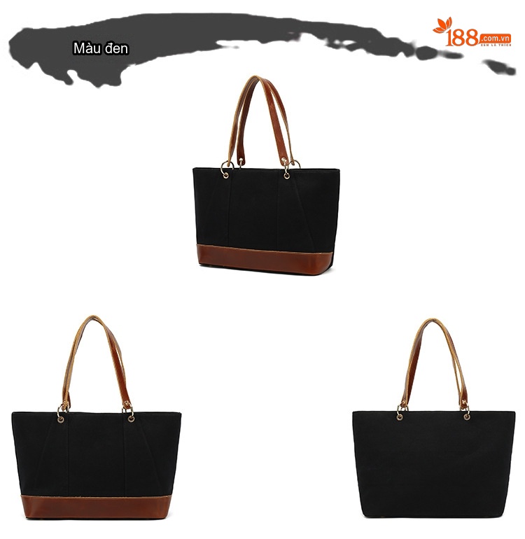 Túi Tote Nữ Vải Canvas Da Thật Đeo Vai, Đeo Chéo Chống Nước Màu Nâu, Đen, Be chi tiết 7